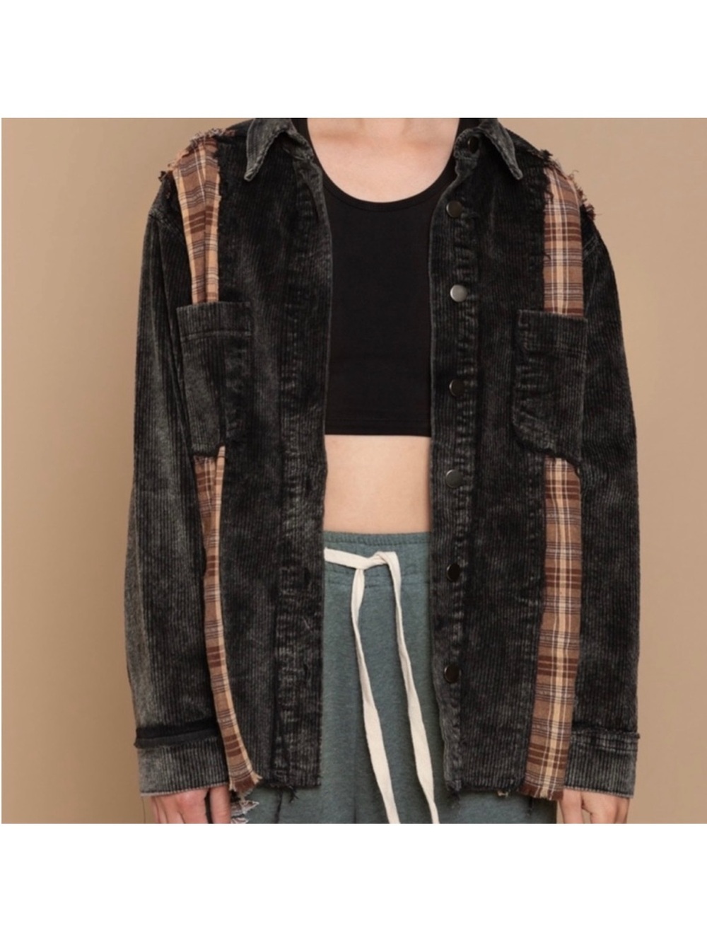 New: POL Black Boho Western Corduroy Jacket with Brown Plaid Panels• Medium